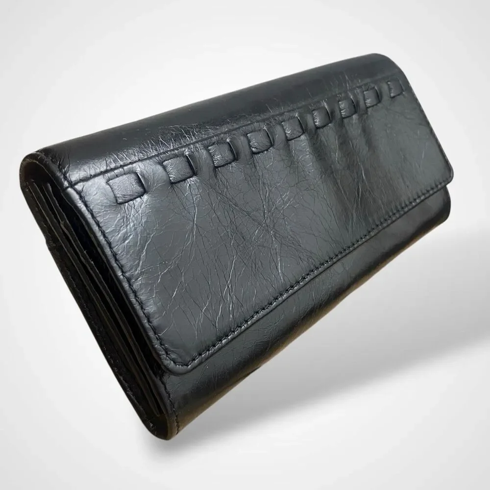 Hobo Continental Wallet Black Genuine Leather Long Bifold with Magnetic Closure